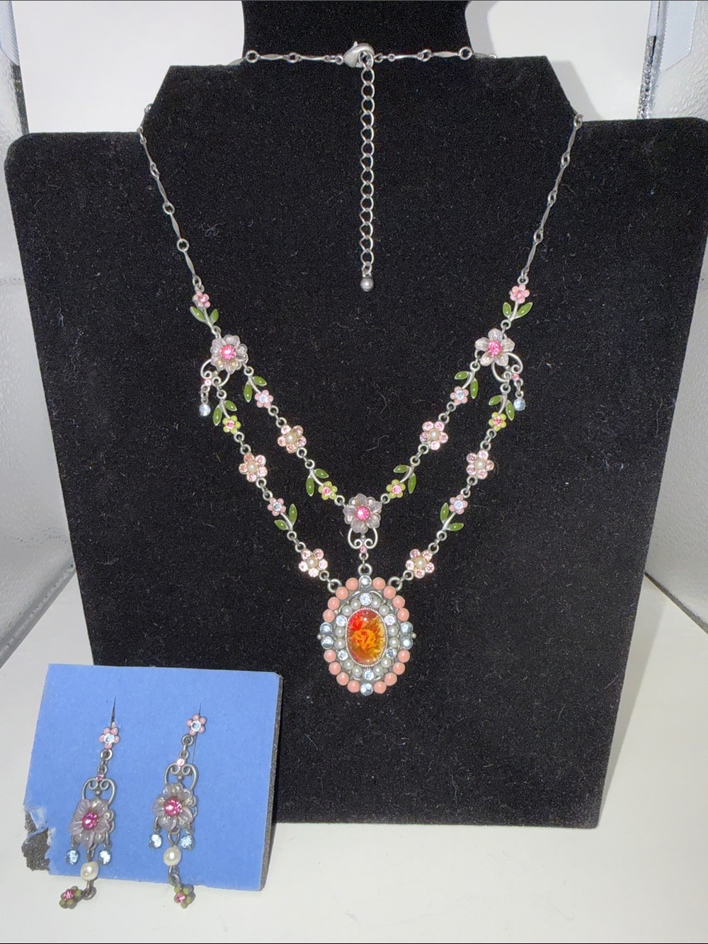 Vintage Floral Avon Pendant Necklace with Matching Earrings - Pink & Green